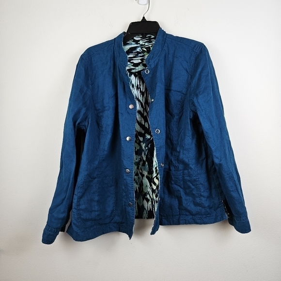 CHICOS Reversible Solid to Print Jacket Linen Blend Snap Front Pockets Sz 16/18 - Picture 8 of 10